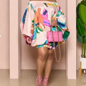 Colorful Abstract Print Stretch Hem Off - Shoulder Women's Shirt Dress